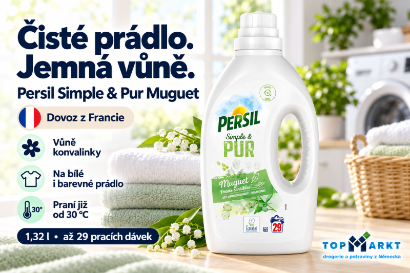 Persil Simple & Pur Muguet prací gel s vůní konvalinky na bílé a barevné prádlo, 1,32 l až na 29 dávek, dovoz z Francie