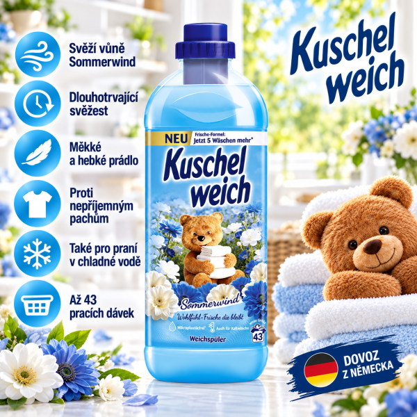 Kuschelweich Sommerwind koncentrovaná aviváž se svěží vůní, 1 l až na 43 pracích dávek, dovoz z Německa