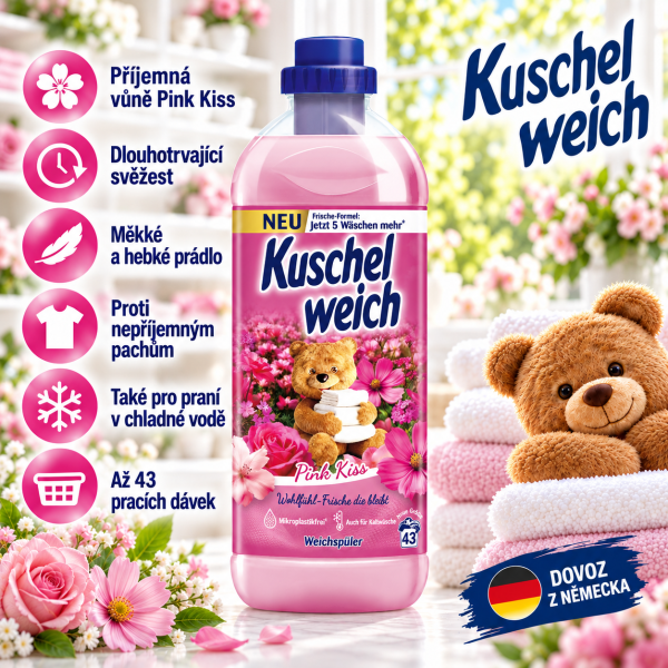 Kuschelweich Pink Kiss koncentrovaná aviváž s dlouhotrvající vůní, 1 l až na 43 pracích dávek, dovoz z Německa