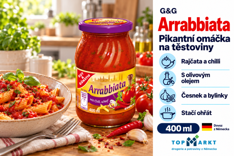 G&G Arrabbiata 400 ml s těstovinami v domácí kuchyni