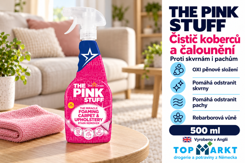 Pěnový čistič koberců a čalounění The Pink Stuff 500 ml s růžovým hadříkem v útulném obýváku