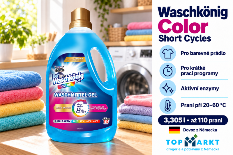 Prací gel Waschkönig Color Short Cycles pro barevné prádlo v moderní prádelně – 3,305 l, až 110 praní