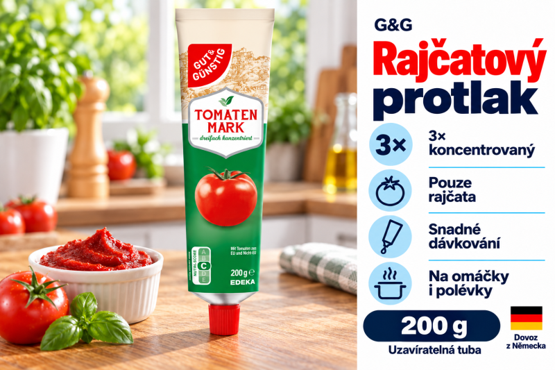 G&G rajčatový protlak 200 g v tubě v moderní kuchyni s miskou protlaku, rajčetem a čerstvou bazalkou
