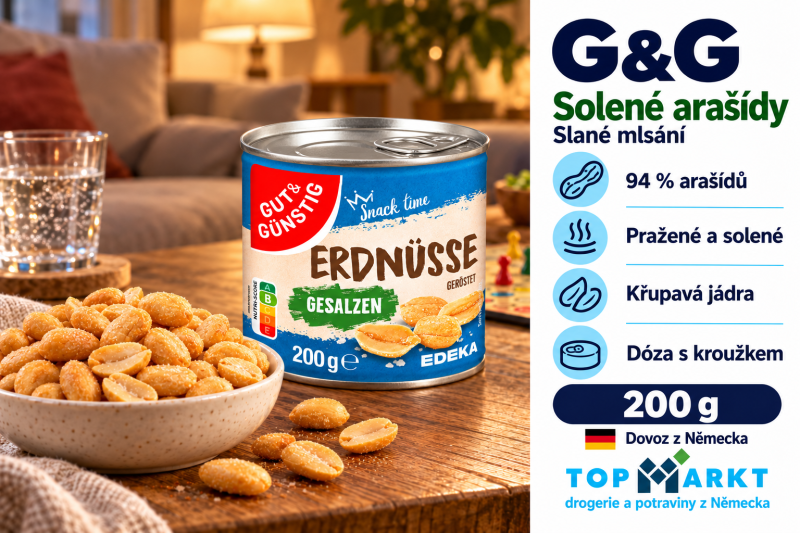 G&G pražené solené arašídy v modré dóze 200 g s miskou arašídů v útulném obývacím pokoji