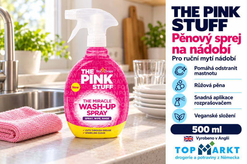 The Pink Stuff Miracle Wash-Up 500 ml vedle čistého nádobí a růžového hadříku v moderní kuchyni