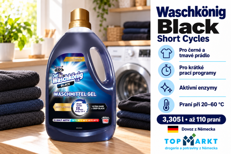 Prací gel Waschkönig Black Short Cycles pro černé a tmavé prádlo v moderní prádelně – 3,305 l, až 110 praní