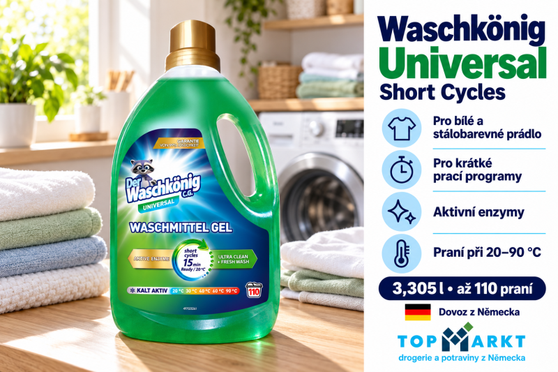 Prací gel Waschkönig Universal Short Cycles pro bílé a stálobarevné prádlo v moderní domácí prádelně – 3,305 l, až 110 praní