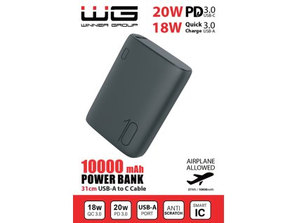 WG Powerbanka 10000 mAh, rychlonabíjení a PD, vč. kabelu, černá