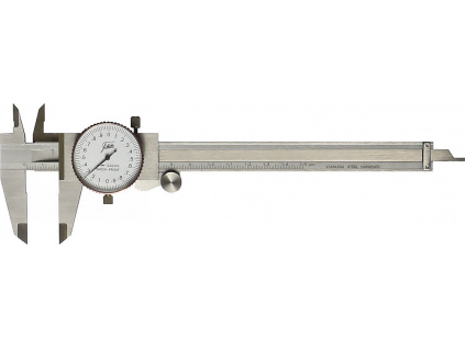 Posuvné měřidlo s číselníkem 0 až 150 mm / posuvové kolečko ano / hloubkoměr plochý / nonius 0,02 mm / jedna otáčka 2 mm/ot.
