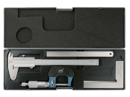 Sada měřicí techniky analogové / posuvné měřidlo 0 až 150 mm / mikrometr 0 až 25 mm / měřítko 150 mm / úhelník 100×70 mm