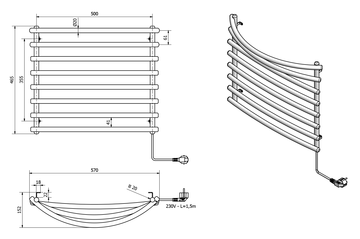 Aqualine SUCH elektrický sušák ručníků, 570x465mm, 72W, bílý, technický nákres