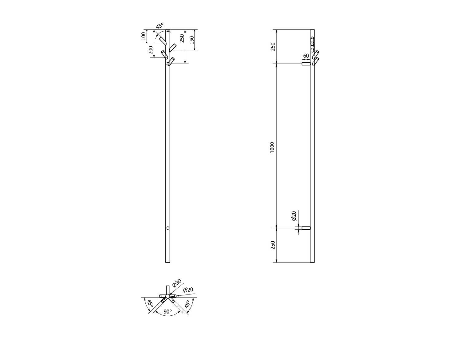 Sapho PASADOR elektrický sušák ručníků, kulatý, 150x1500 mm, 30 W, černá mat, technický nákres