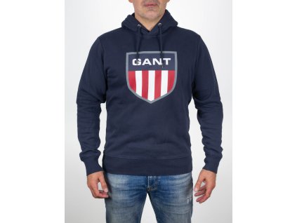 Tmavomodrá mikina s kapucňou a veľký logom Gant