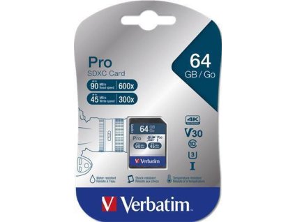 Paměťová karta "PRO", SDXC, 64GB, CL10/U3, 90/45MB/sec, VERBATIM