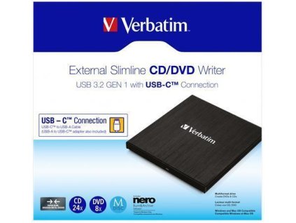 CD/DVD vypalovačka, USB 3.2 - USB-C, slim, kovové pouzdro, VERBATIM 43886