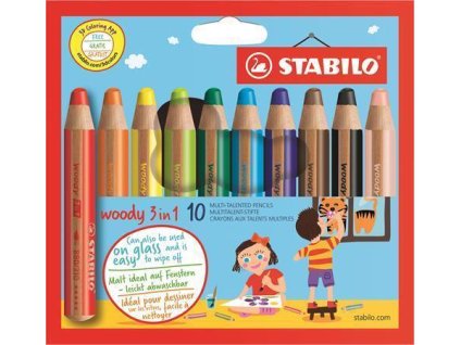 Barevné pastelky "Woody", 10ks, 3v1 – pastelka, vodovka, voskovka, STABILO