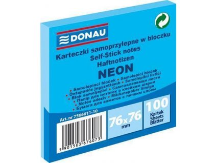 Samolepicí bloček, 76x76 mm, 100 lístků, DONAU, neonově modrá