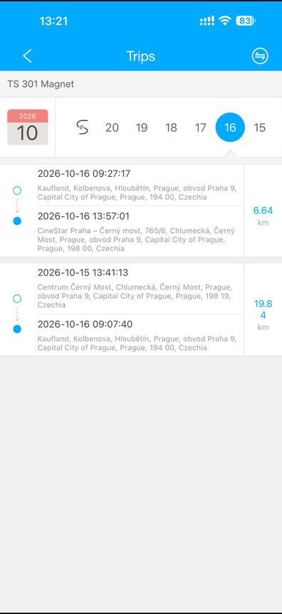 Přehled jízd Trips – snímek 1