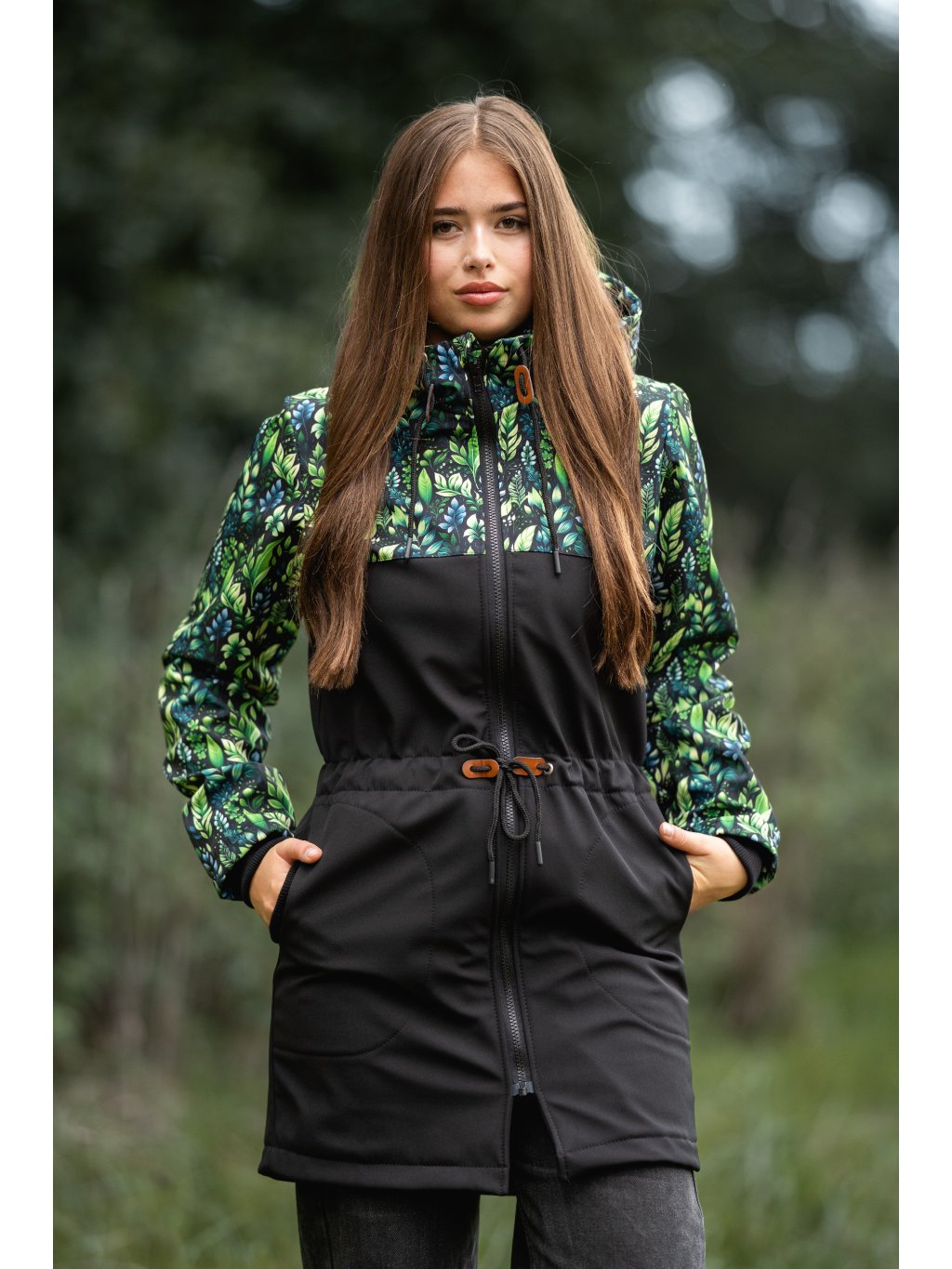 Parka KOMBI zelené listy + černá