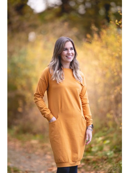 Šaty NORA okrová - výběr rukávu