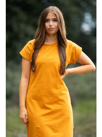 Šaty Iren okrová - výběr rukávu