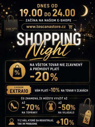 ✨🛍️ SHOPPING NIGHT JE TU! 🛍️✨ Dnes večer od 19:00 do 24:00 nakupujeme na našom e-shope www.toscanastore.cz za MEGA ceny! 🤎...