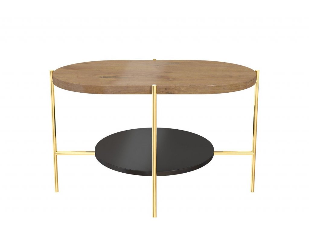 Konferenční stolek oválný GLADYS - dekor dub / zlatý