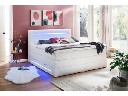 Postel Boxspring Light bílá s LED osvětlením 180x200 cm, eko kůže