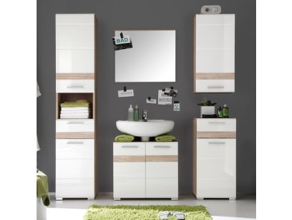 Koupelnová sestava SAVOY velká se zrcadlem; bílý lesk / dub