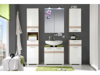 Koupelnová sestava SAVOY velká se zrcadlovou skříňkou; bílý lesk / dub