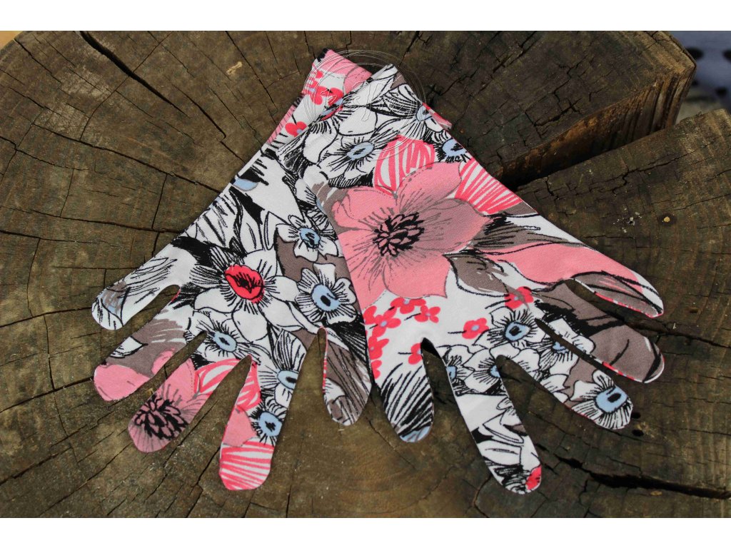 rukavice 5 prsté úpletové farebné Ružové kvietky, recyvec