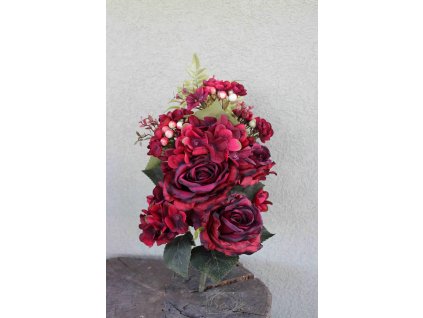Kytica ruža a hortenzia červená 55cm - dekorácia