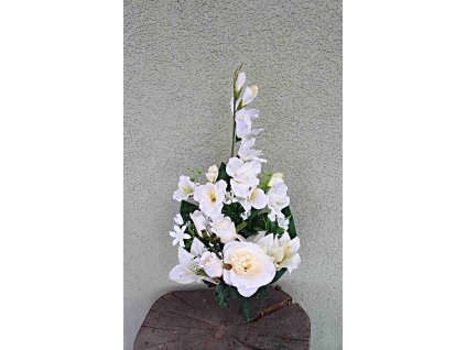 Dušičky - Kytica z ruží a ľalií biela 65cm - dekorácia