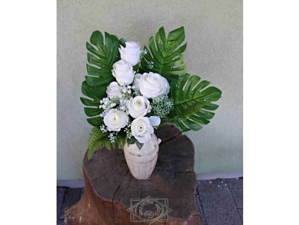 Kytica na hrob podlhovastá s bielymi ružami a zeleňou
