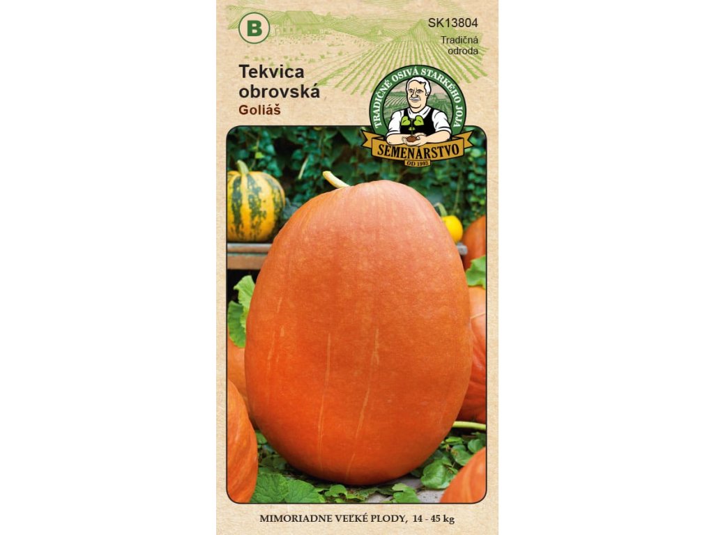 Tekvica obrovská - GOLIÁŠ  rastlina mohutných rozmerov produkuje mimoriadne veľké ohnivočervené plody oválneho tvaru, dorastajúce do váhy až 45 kg