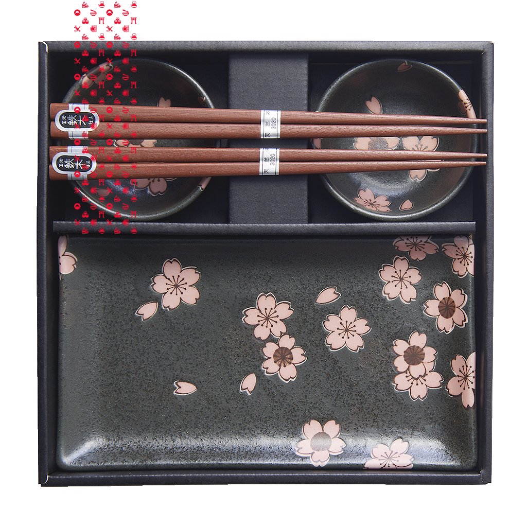 Sushi Set Black & Pink Sakura 4 pcs with Chopsticks