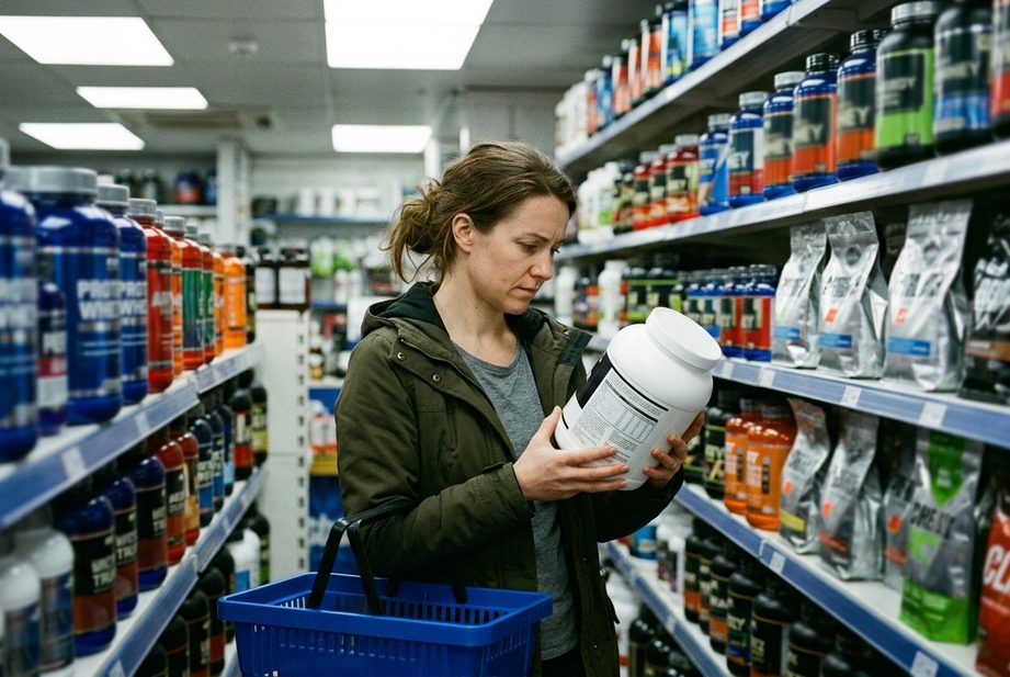 Žena v obchode s doplnkami výživy číta etiketu proteínového prášku