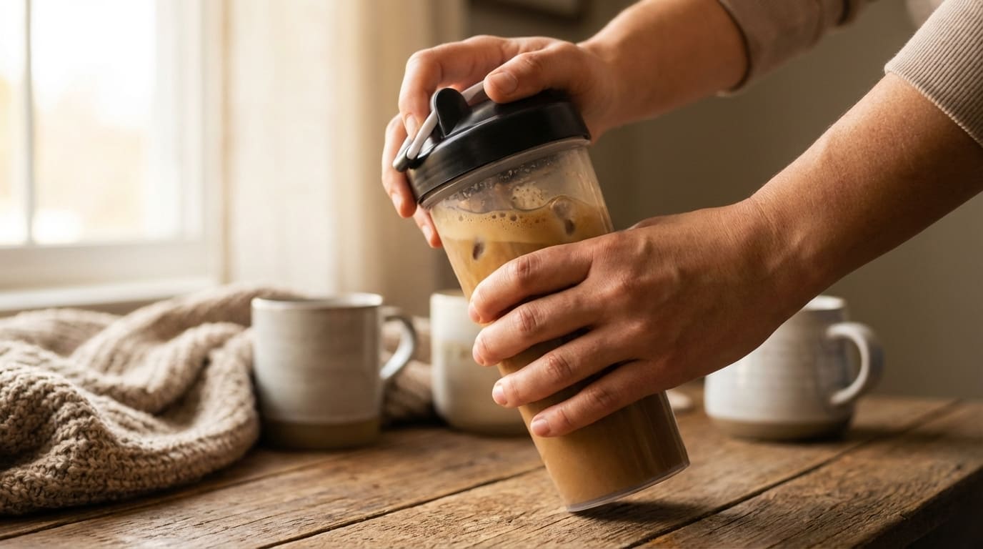 Káva zmiešaná s proteinom v shakeri