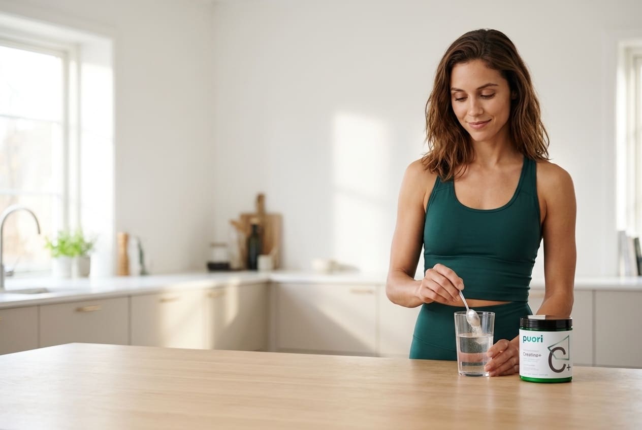 Žena pripravuje dennú dávku Puori Creatine+ v kuchyni