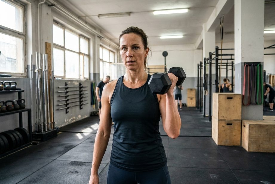 Kreatín je pre ženy rovnako dôležitý ako pre mužov Žena s hexagonovou jednoručkou vo funkčnom fitness štúdiu – kreatín pre ženy