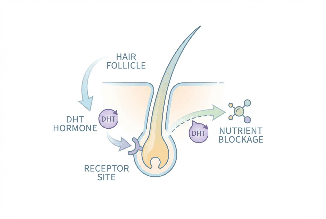 Ilustrácia hormónu DHT a vlasového folikulu