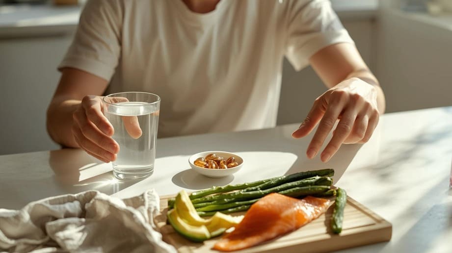 Mladý aktívny človek drží kapsuly omega-3 v ruke pri raňajkách, symbolizuje podporu zdravia a zníženie zápalu