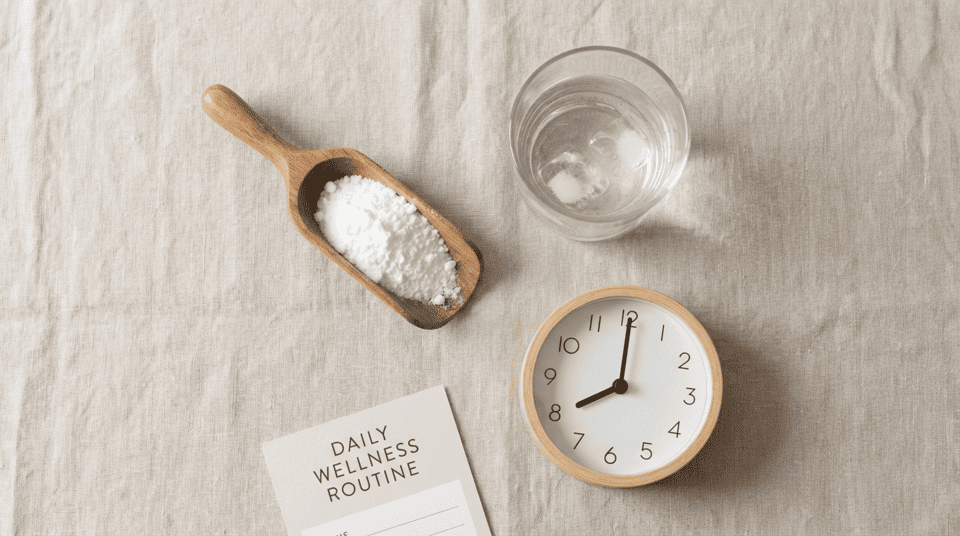 Odmerka kreatínu, pohár vody a hodiny – správne dávkovanie kreatínu pre ženy