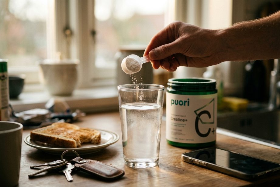Odmerka kreatínu sa sype do pohára vody, vedľa balenie Puori Creatine+