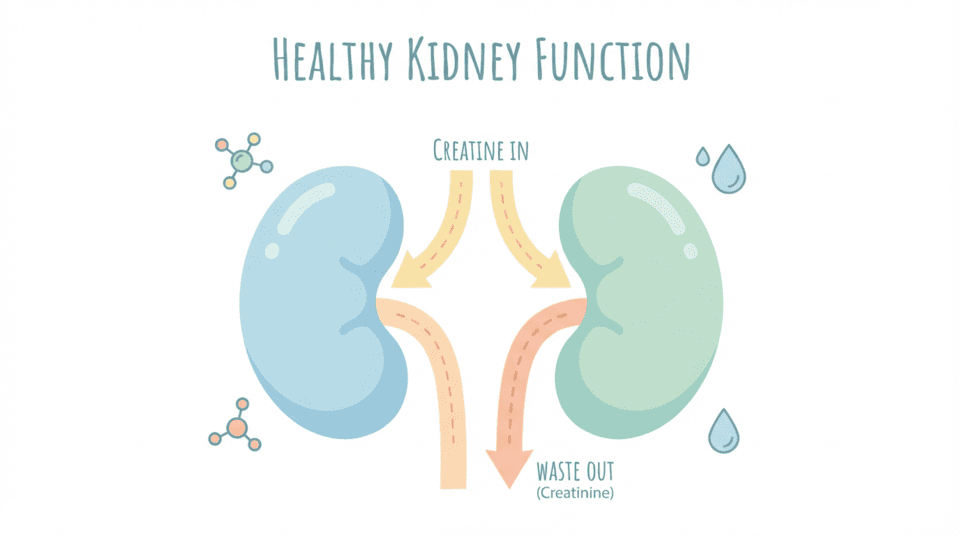 Ilustrácia obličiek a metabolizmu kreatínu