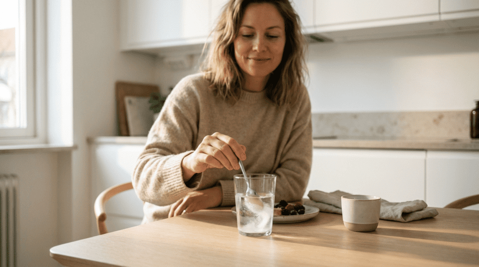 Žena mieša kreatín do nápoja počas raňajok