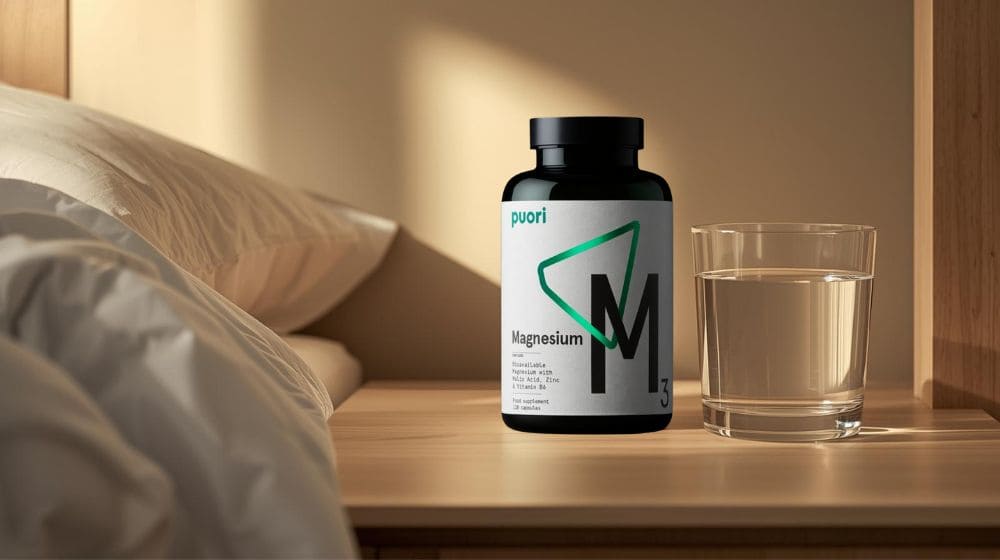 Horčík Puori M3 na nočnom stolíku vedľa pohára vody