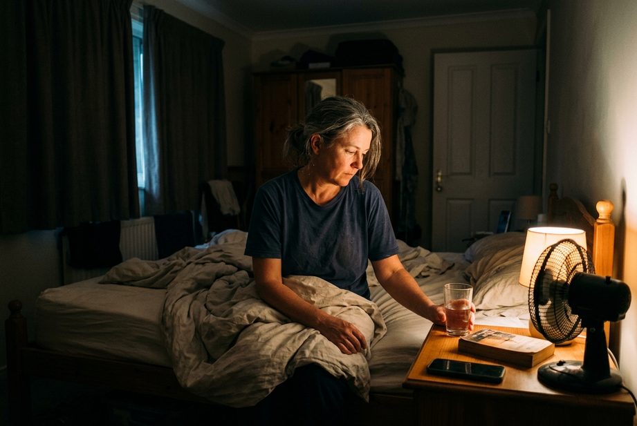 Žena sedí v noci na posteli s pohárom vody, na stolíku ventilátor