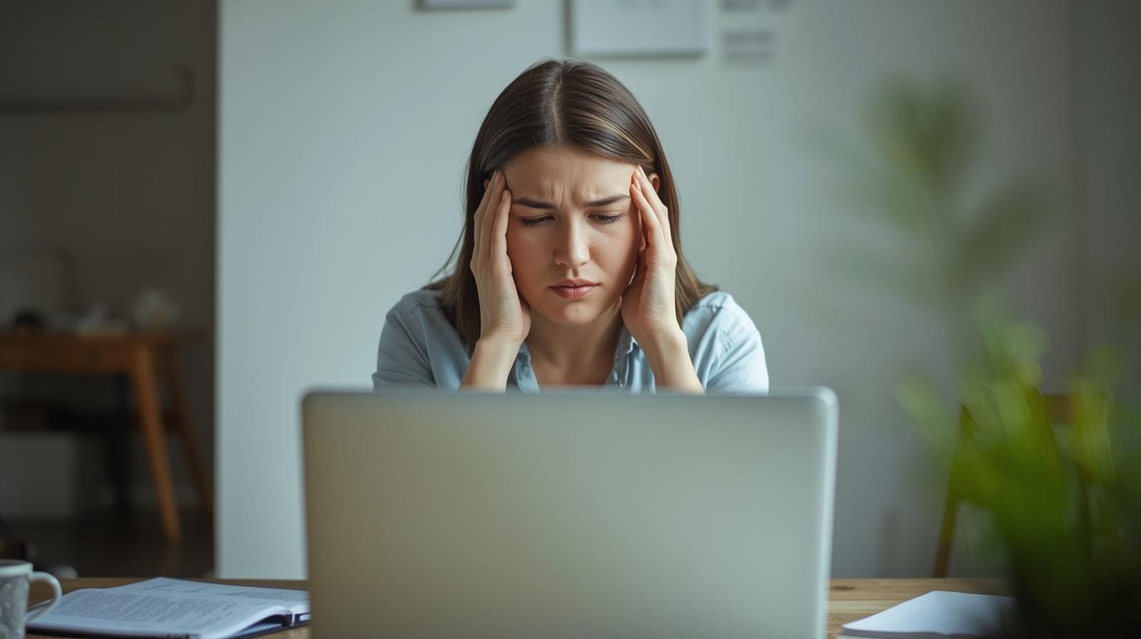 Žena pociťuje mentálnu únavu počas pracovného dňa