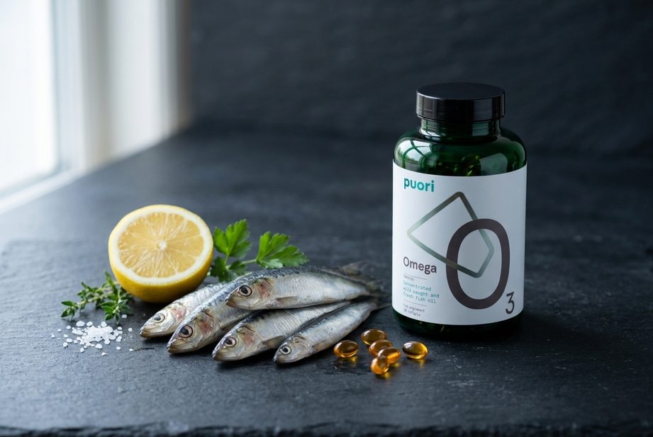 Malé morské ryby, kapsuly omega-3 a balenie Puori O3 na bridlicovej doske